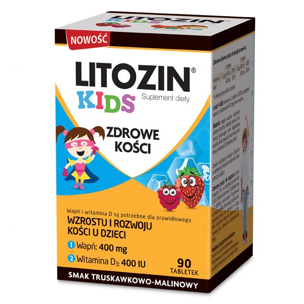 Litozin Kids, zdrowe kości, smak truskawkowo-malinowy, 90 tabletek KRÓTKA DATA